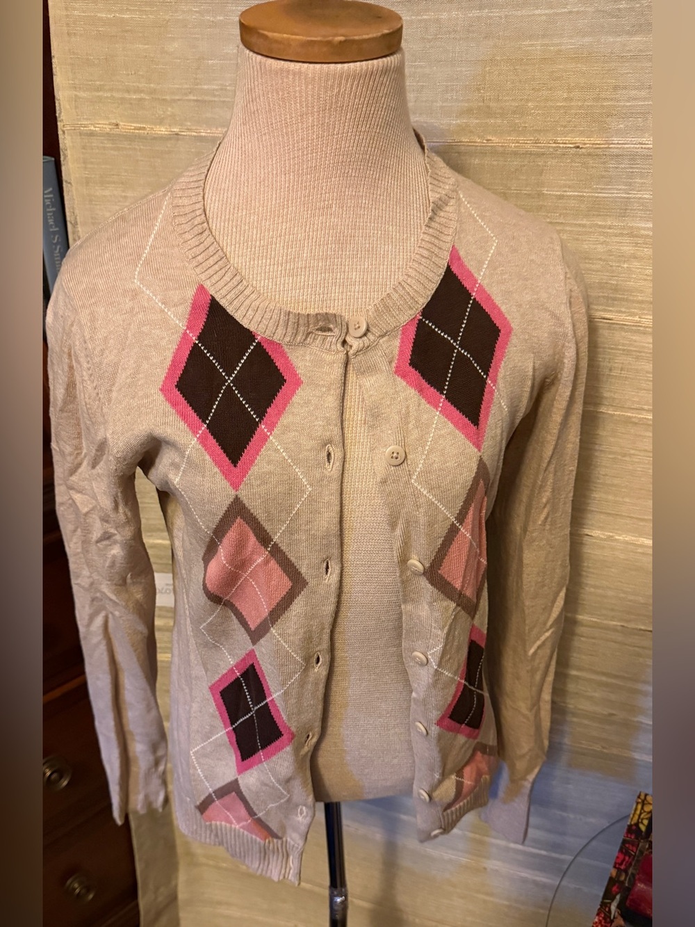 Cherokee Beige Argyle Button-Front Cardigan with Pink & Brown Accents